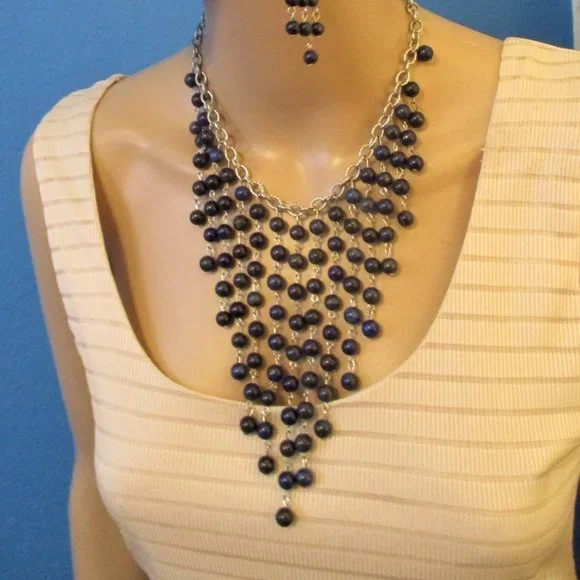 Etruscan Style Midnight Blue Silver Fringe Necklace Earrings Set Vintage - Picture 6 of 13